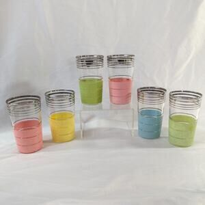 Set of 6 Vintage Pastel Sugar Frosted Juice Glasses Platinum Trim